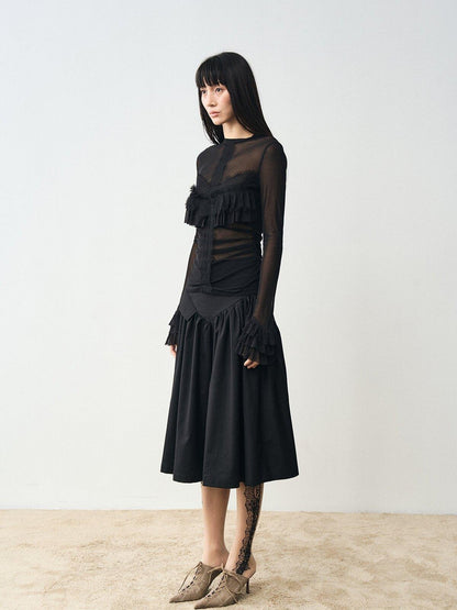 popoop Black Embellished Lace Panel Ruffle Sleeve Women&