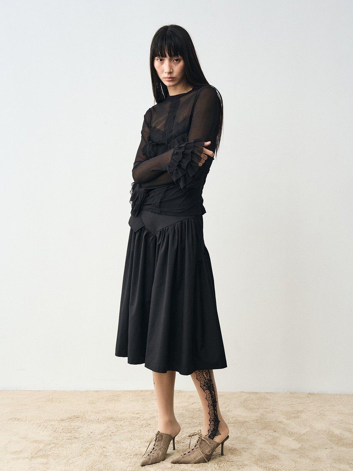 popoop Black Embellished Lace Panel Ruffle Sleeve Women&