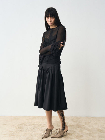 popoop Black Embellished Lace Panel Ruffle Sleeve Women&