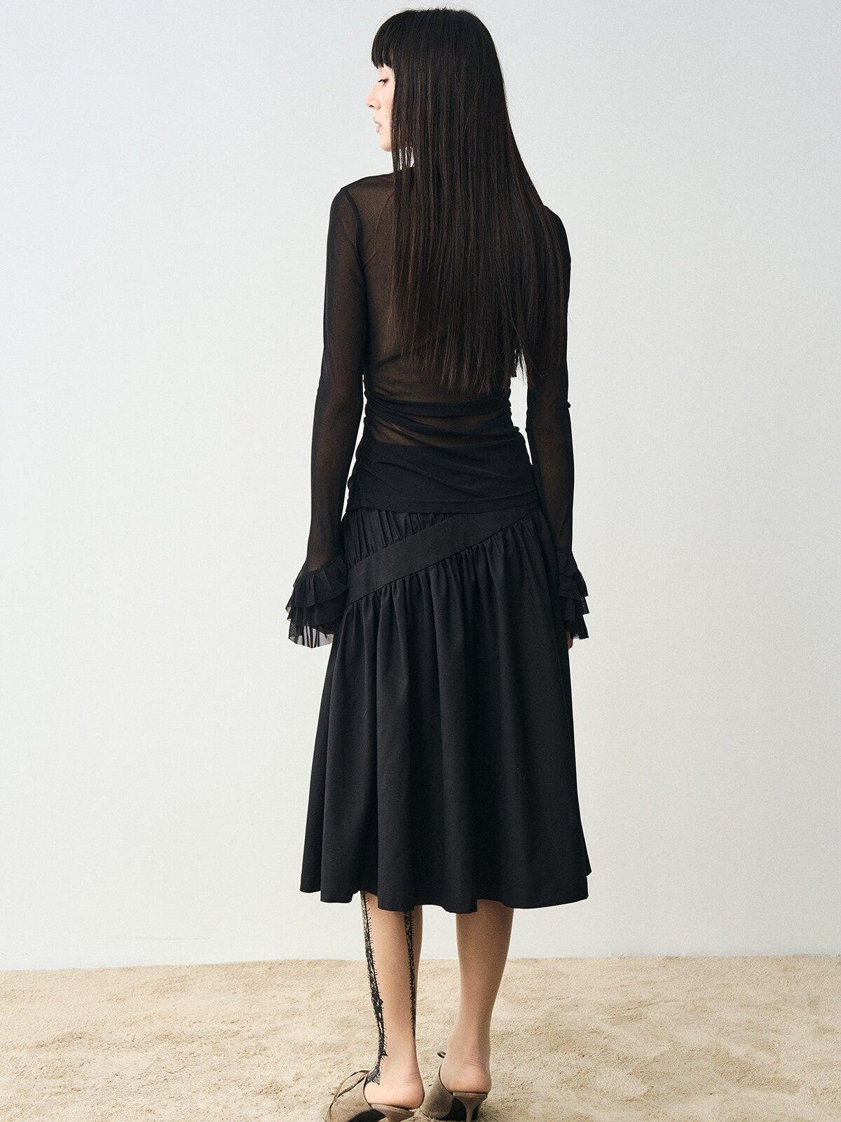 popoop Black Embellished Lace Panel Ruffle Sleeve Women&