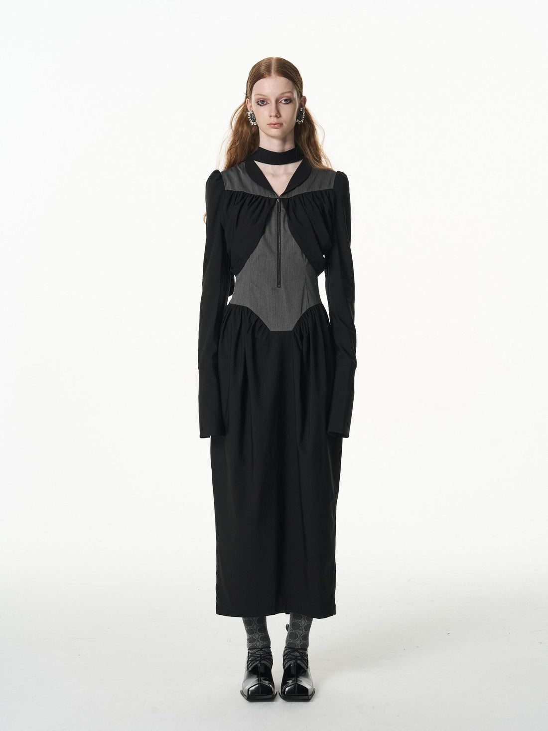 popoop Black Gray Pleated Tie Neck Slim Fit Long Sleeve Women&