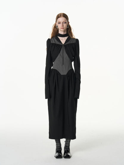 popoop Black Gray Pleated Tie Neck Slim Fit Long Sleeve Women&
