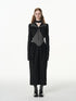 popoop Black Gray Pleated Tie Neck Slim Fit Long Sleeve Women&
