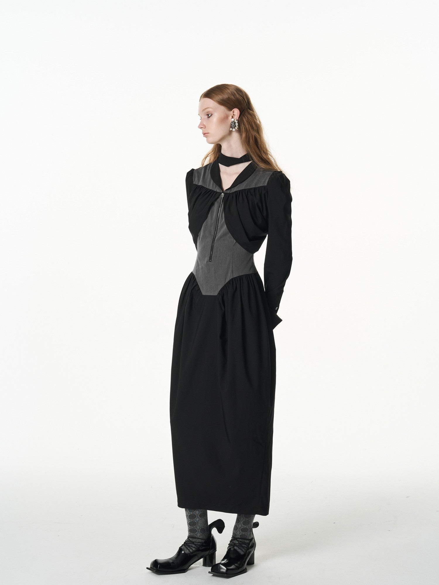 popoop Black Gray Pleated Tie Neck Slim Fit Long Sleeve Women&