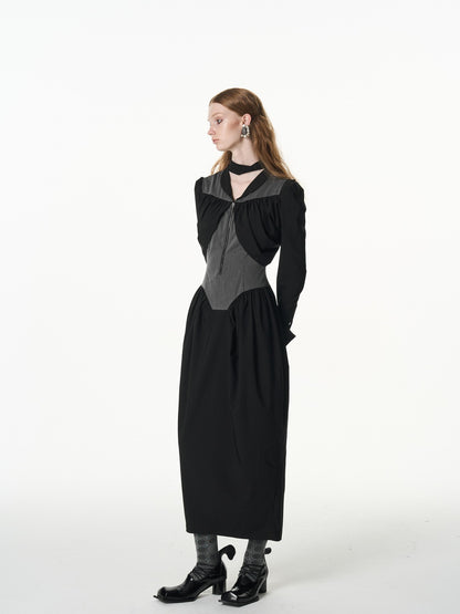 popoop Black Gray Pleated Tie Neck Slim Fit Long Sleeve Women&