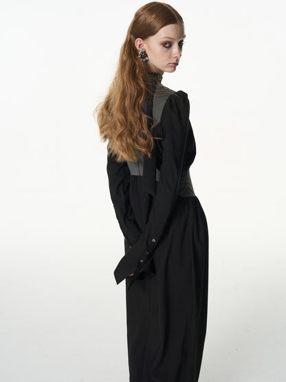 popoop Black Gray Pleated Tie Neck Slim Fit Long Sleeve Women&