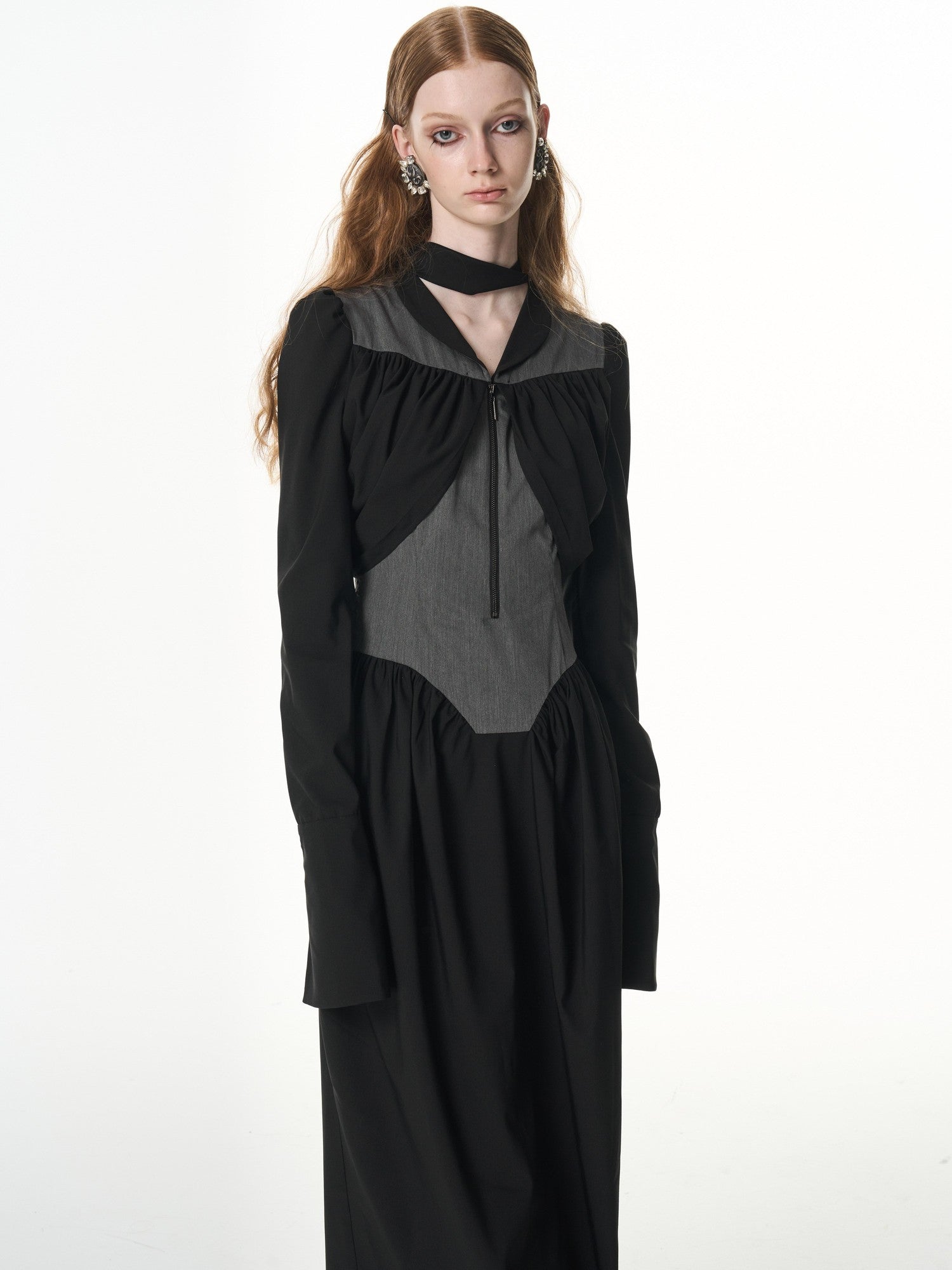 popoop Black Gray Pleated Tie Neck Slim Fit Long Sleeve Women&