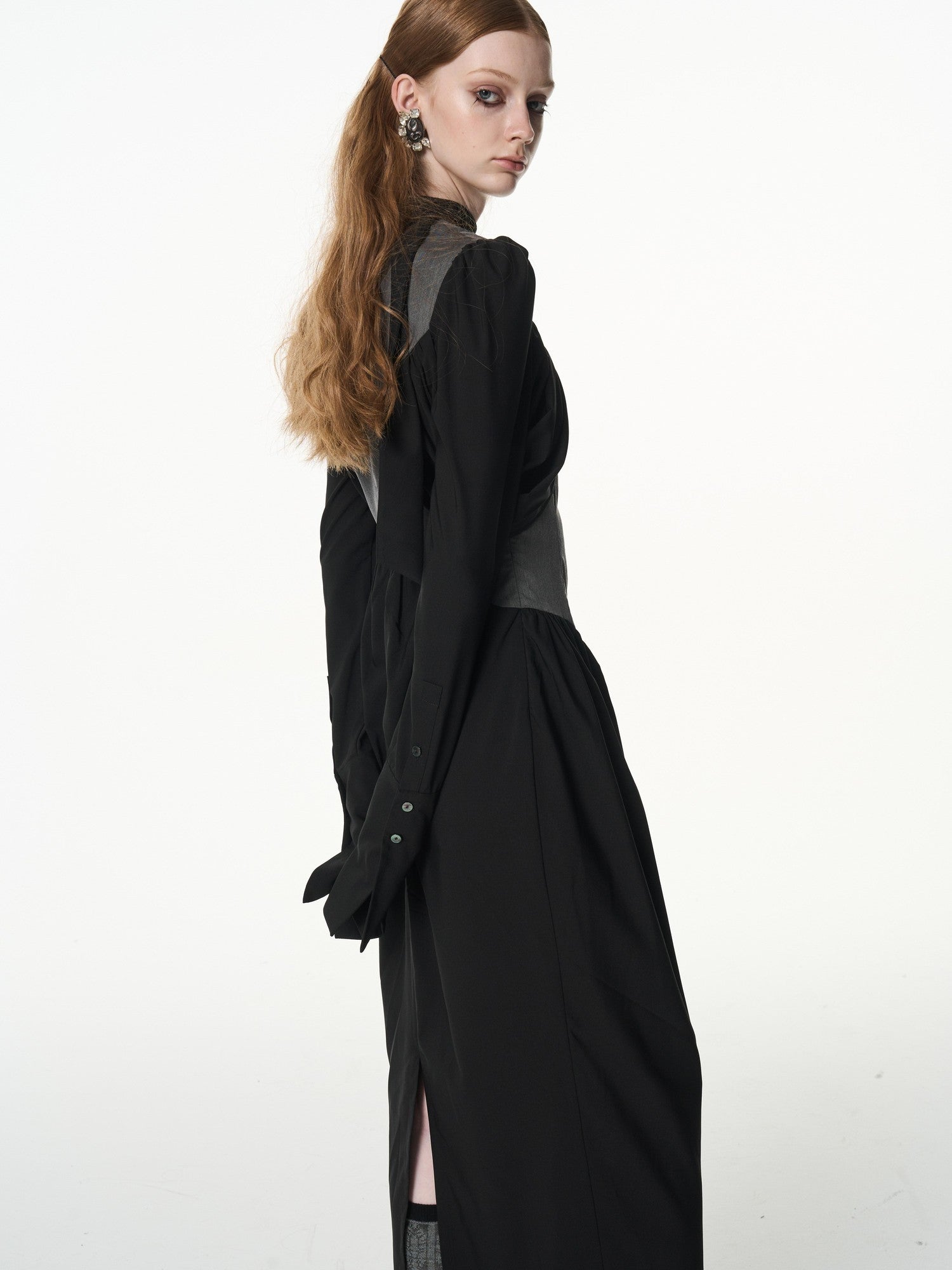 popoop Black Gray Pleated Tie Neck Slim Fit Long Sleeve Women&