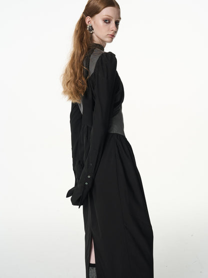 popoop Black Gray Pleated Tie Neck Slim Fit Long Sleeve Women&