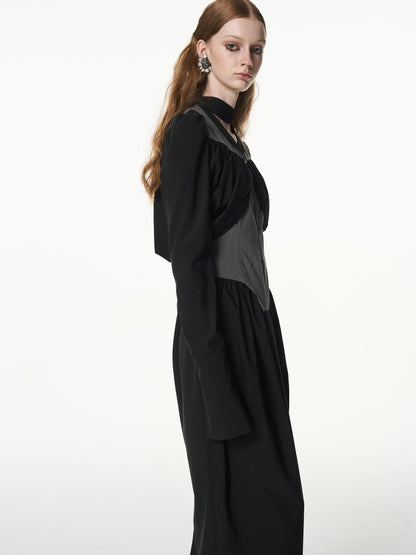 popoop Black Gray Pleated Tie Neck Slim Fit Long Sleeve Women&