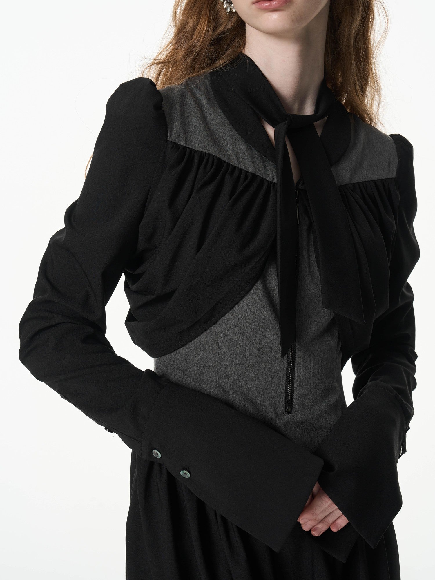 popoop Black Gray Pleated Tie Neck Slim Fit Long Sleeve Women&