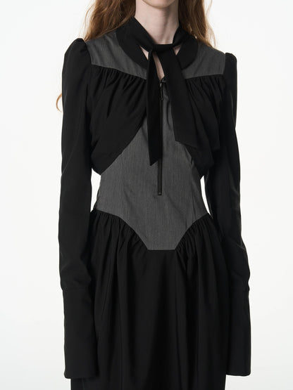popoop Black Gray Pleated Tie Neck Slim Fit Long Sleeve Women&