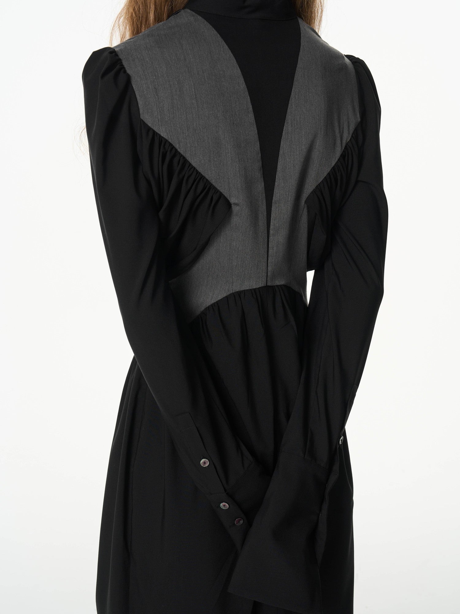 popoop Black Gray Pleated Tie Neck Slim Fit Long Sleeve Women&