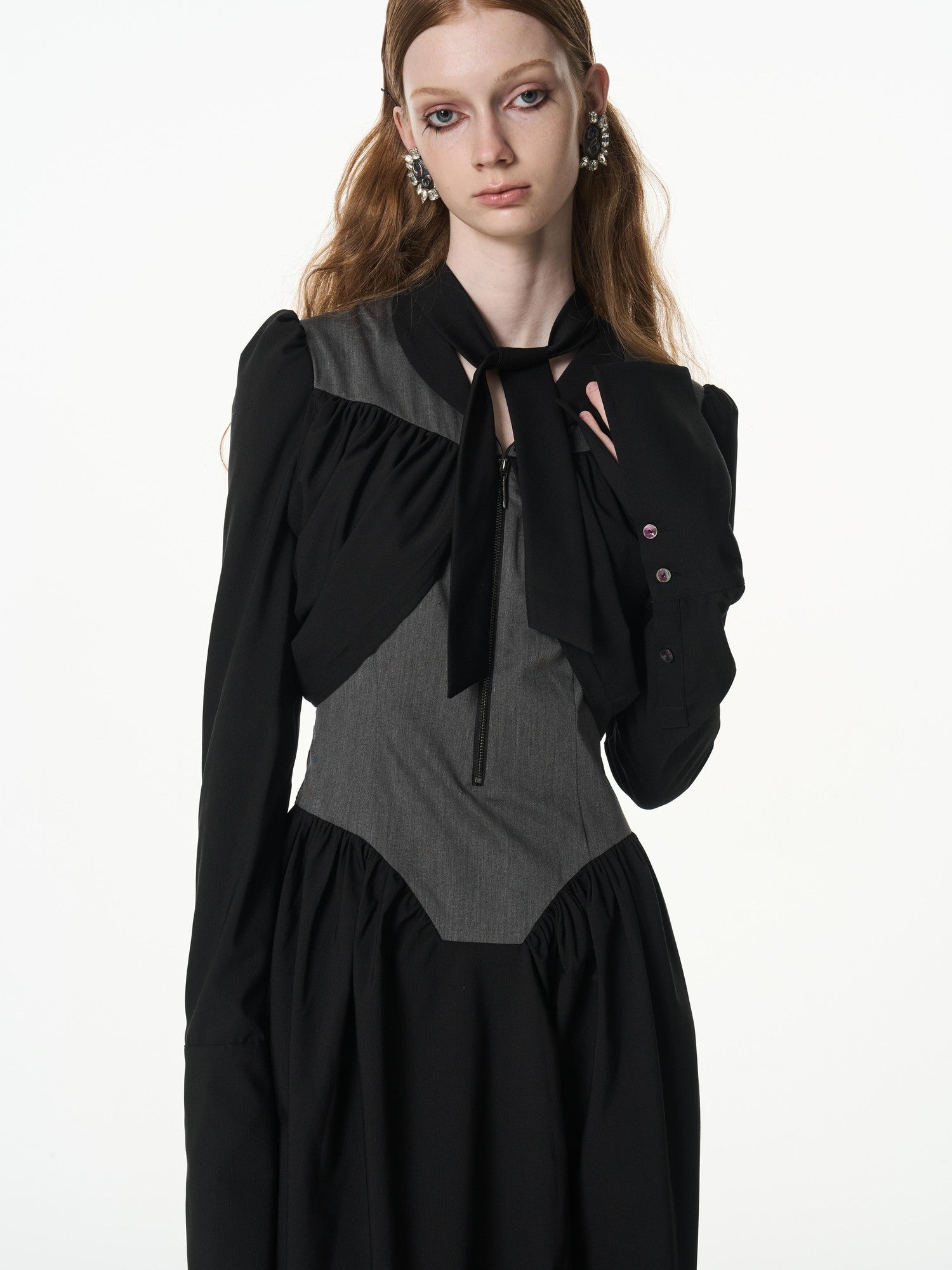 popoop Black Gray Pleated Tie Neck Slim Fit Long Sleeve Women&