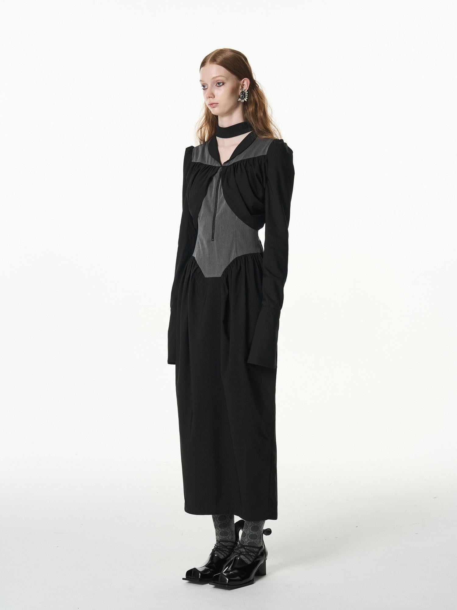 popoop Black Gray Pleated Tie Neck Slim Fit Long Sleeve Women&