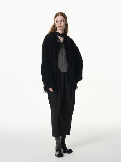popoop Black Gray Pleated Tie Neck Slim Fit Long Sleeve Women&