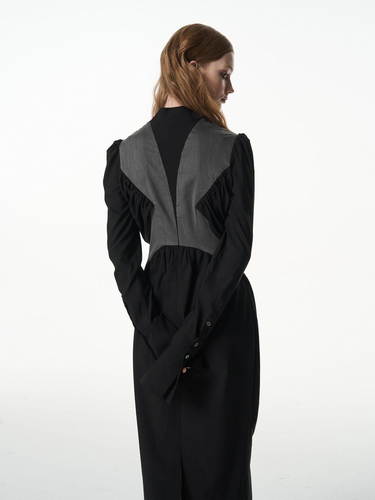 popoop Black Gray Pleated Tie Neck Slim Fit Long Sleeve Women&