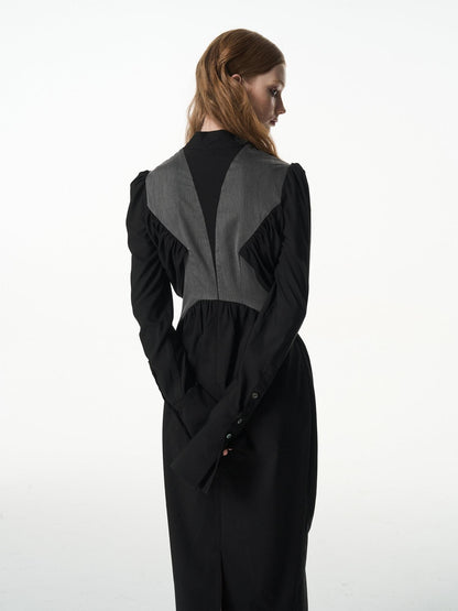 popoop Black Gray Pleated Tie Neck Slim Fit Long Sleeve Women&