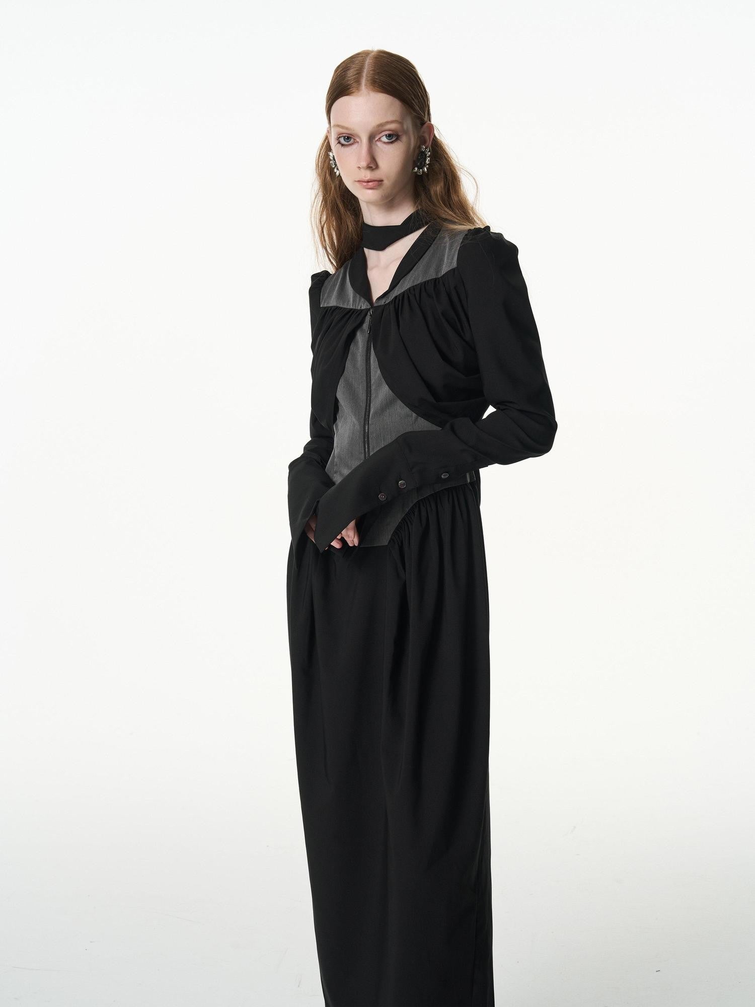 popoop Black Gray Pleated Tie Neck Slim Fit Long Sleeve Women&