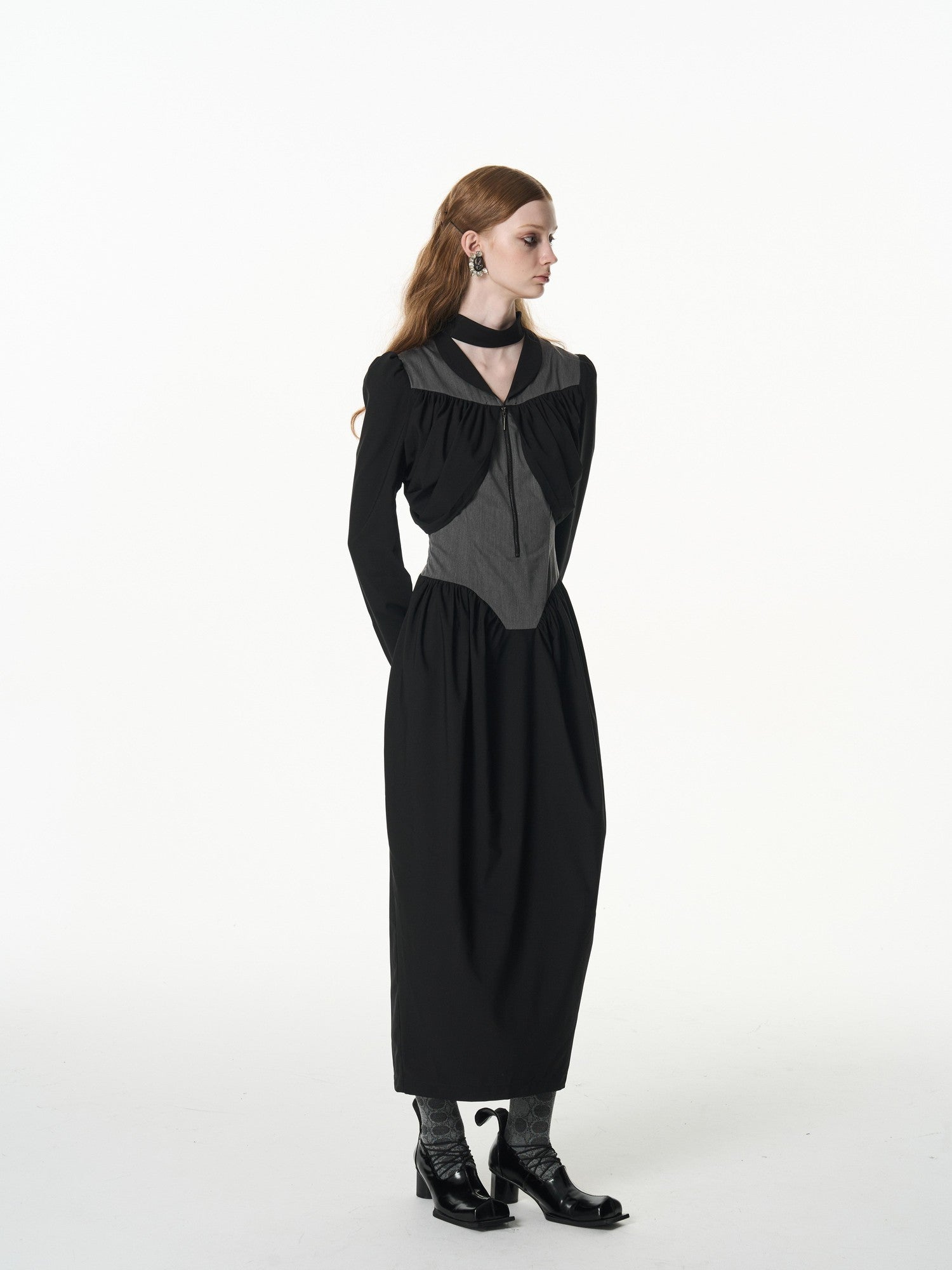 popoop Black Gray Pleated Tie Neck Slim Fit Long Sleeve Women&