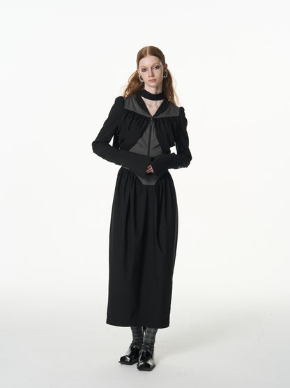 popoop Black Gray Pleated Tie Neck Slim Fit Long Sleeve Women&