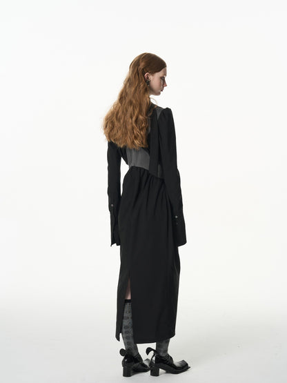 popoop Black Gray Pleated Tie Neck Slim Fit Long Sleeve Women&