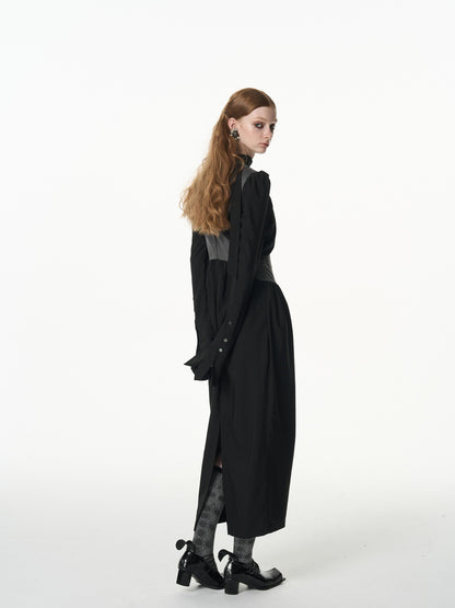 popoop Black Gray Pleated Tie Neck Slim Fit Long Sleeve Women&