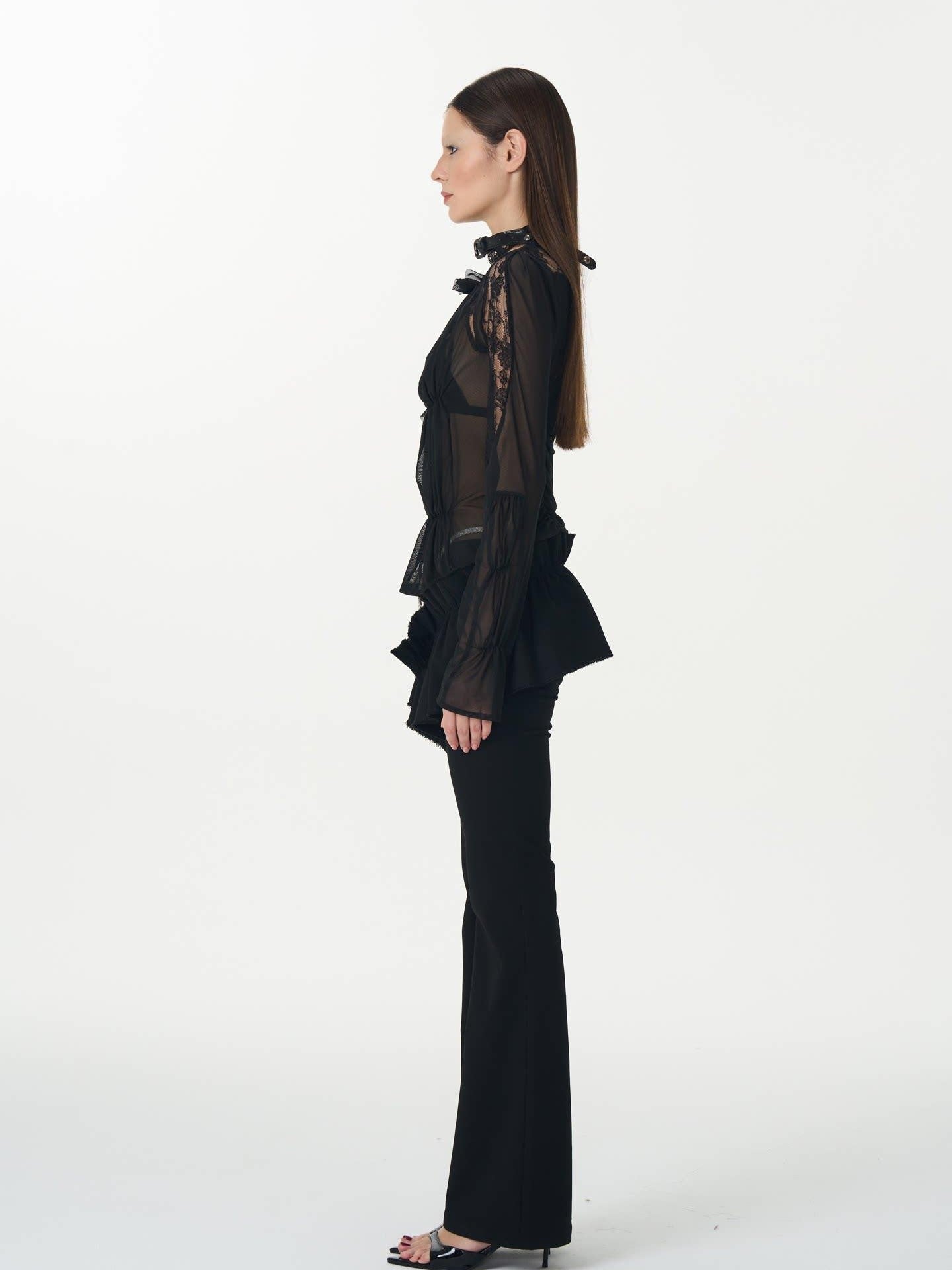 popoop Black Hook Closure Mesh Lace Ruched Stretch Women&