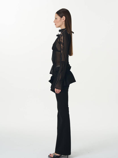 popoop Black Hook Closure Mesh Lace Ruched Stretch Women&