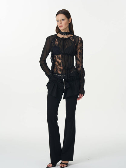 popoop Black Hook Closure Mesh Lace Ruched Stretch Women&