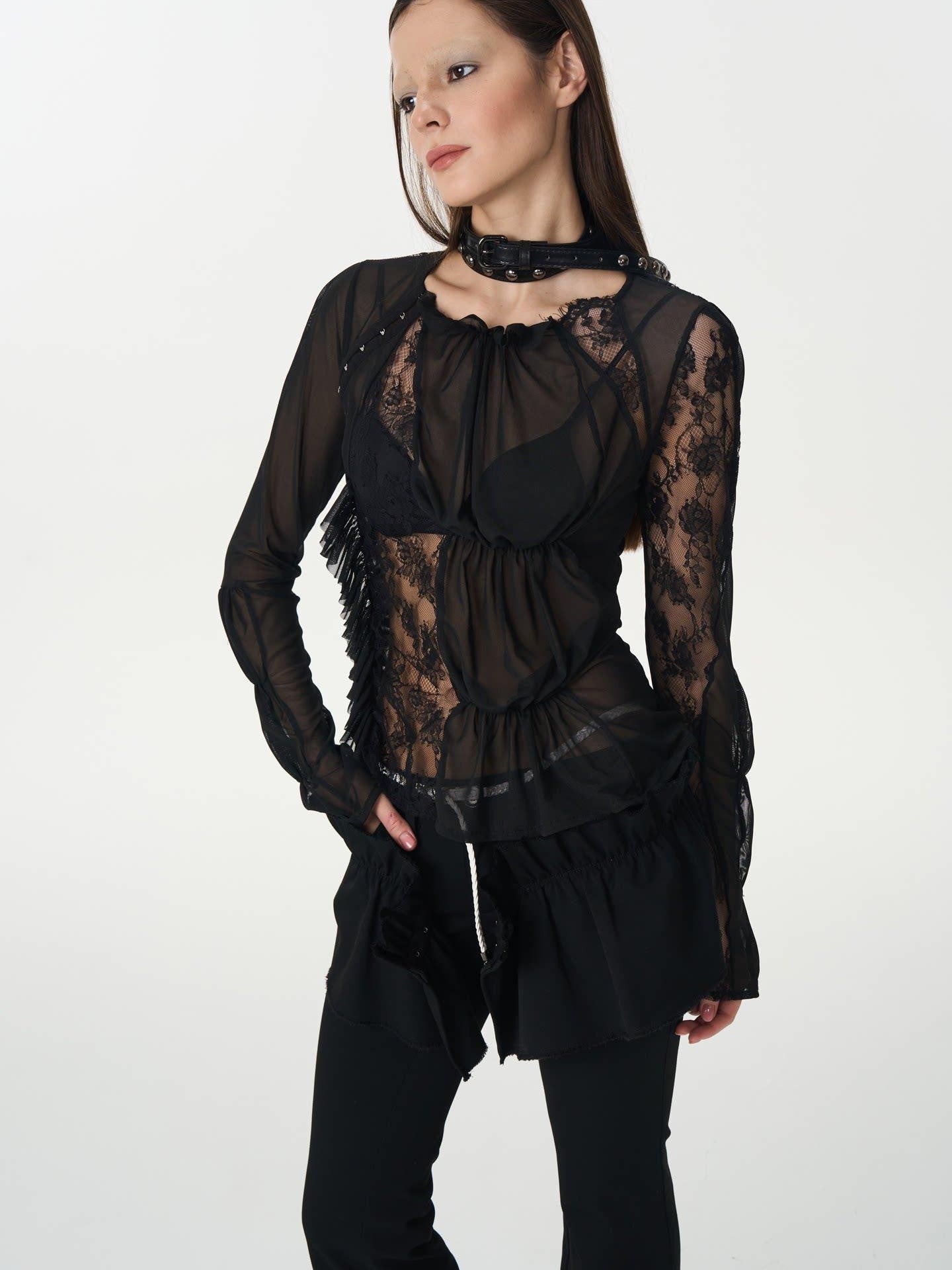 popoop Black Hook Closure Mesh Lace Ruched Stretch Women&