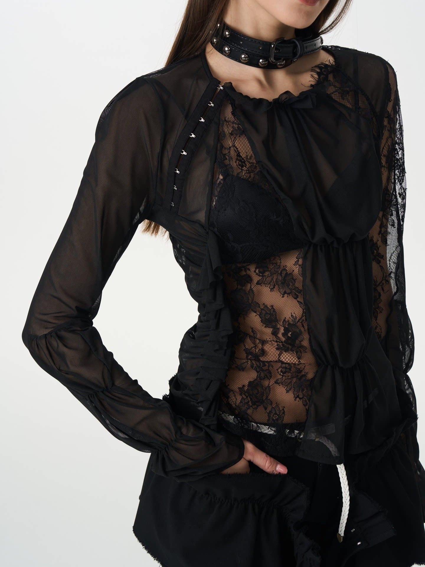popoop Black Hook Closure Mesh Lace Ruched Stretch Women&