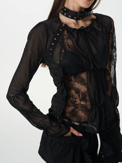 popoop Black Hook Closure Mesh Lace Ruched Stretch Women&