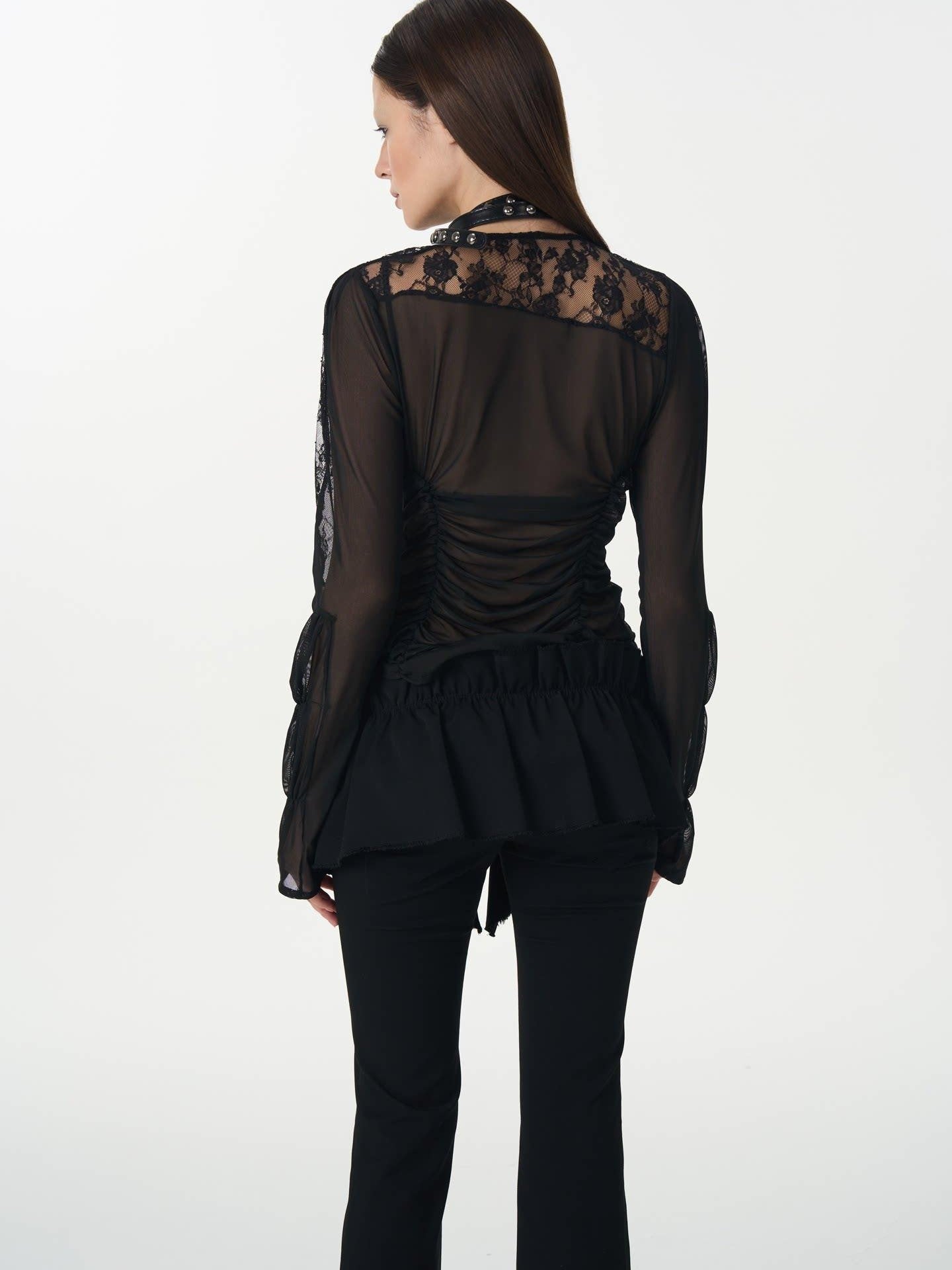 popoop Black Hook Closure Mesh Lace Ruched Stretch Women&