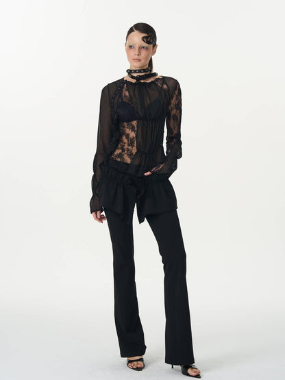 popoop Black Hook Closure Mesh Lace Ruched Stretch Women&