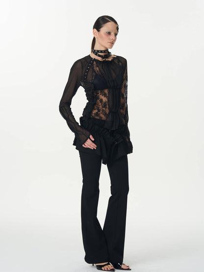 popoop Black Hook Closure Mesh Lace Ruched Stretch Women&