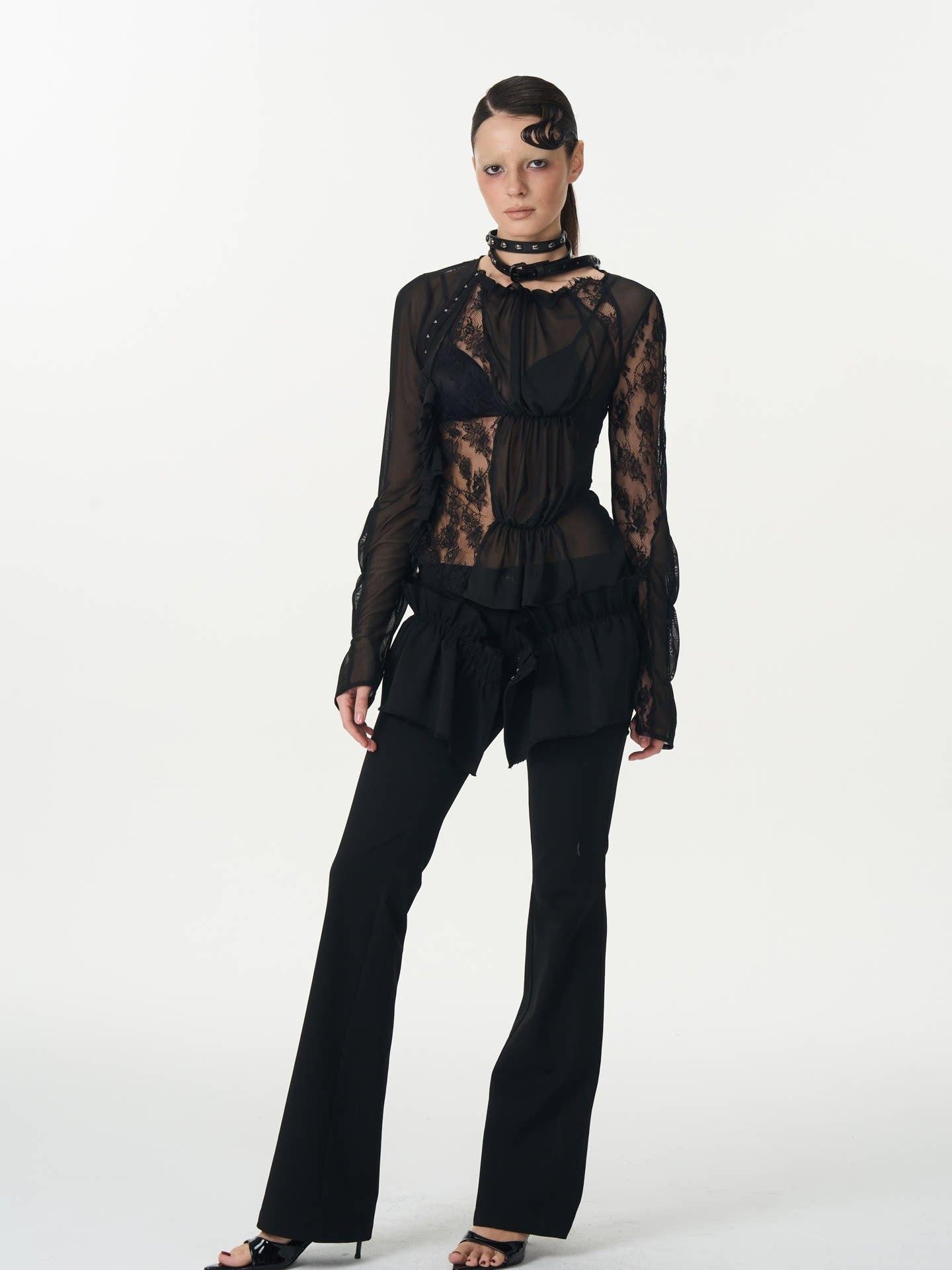 popoop Black Hook Closure Mesh Lace Ruched Stretch Women&