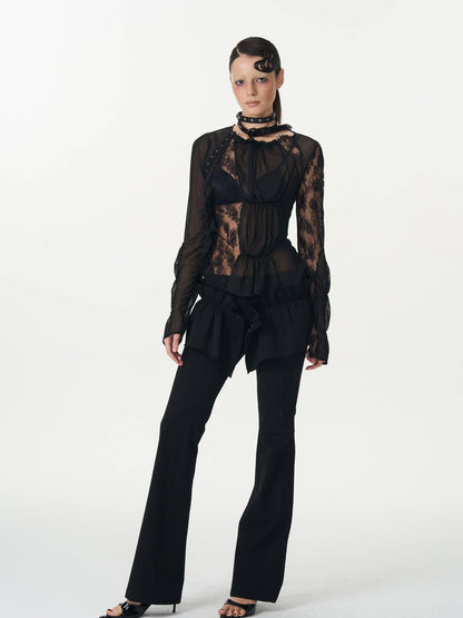 popoop Black Hook Closure Mesh Lace Ruched Stretch Women&