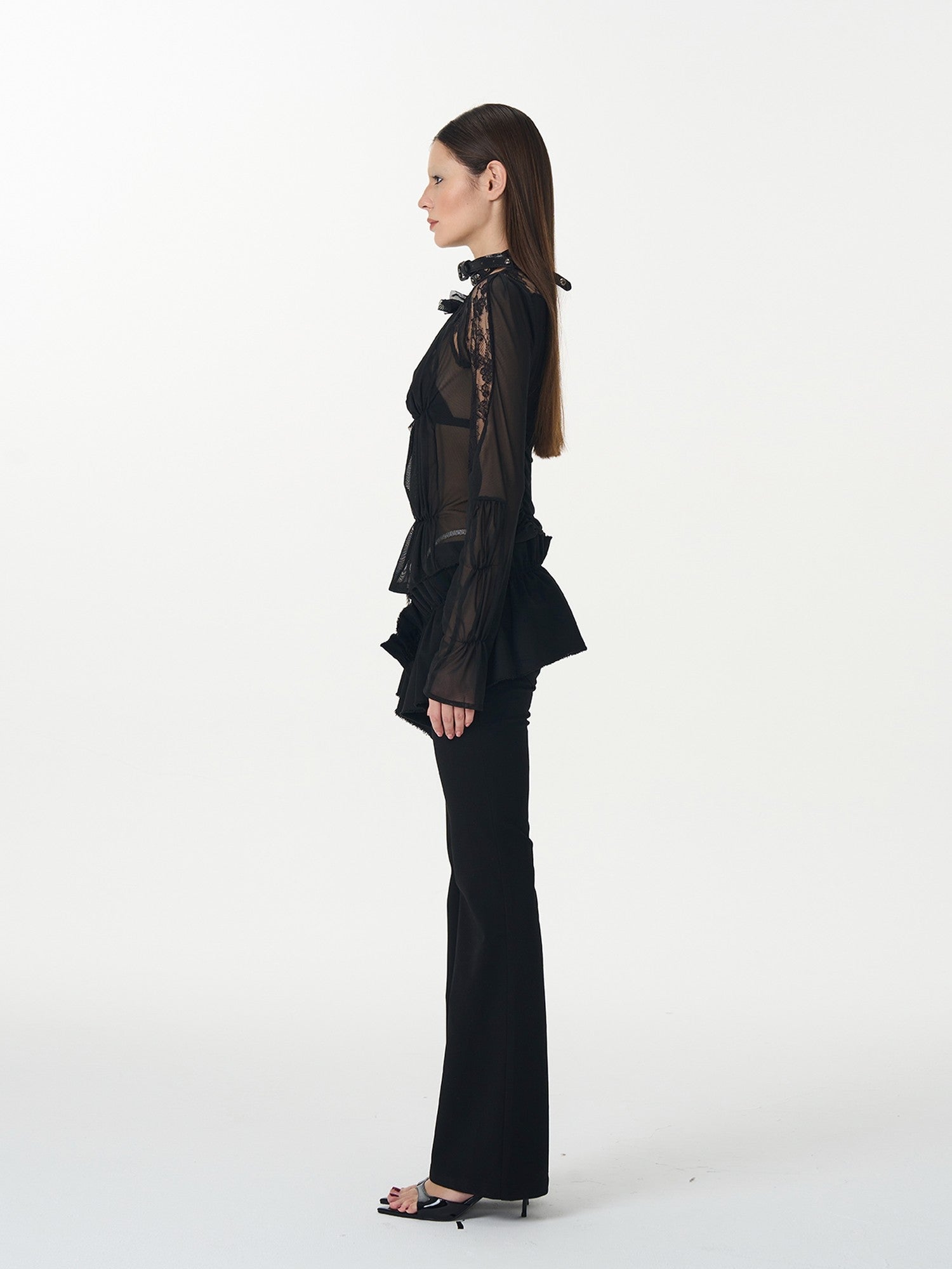 popoop Black Hook Closure Mesh Lace Ruched Stretch Women&