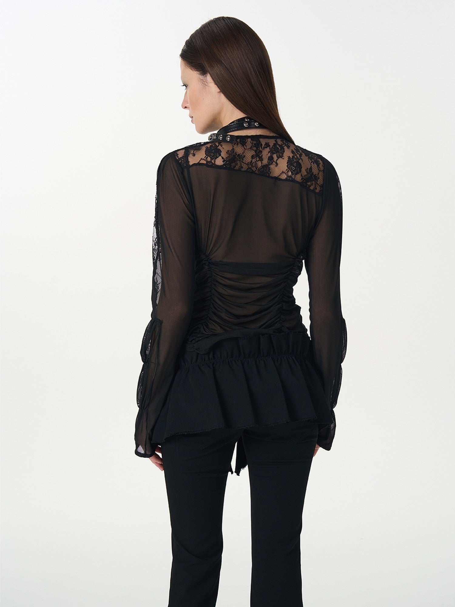popoop Black Hook Closure Mesh Lace Ruched Stretch Women&