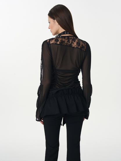 popoop Black Hook Closure Mesh Lace Ruched Stretch Women&