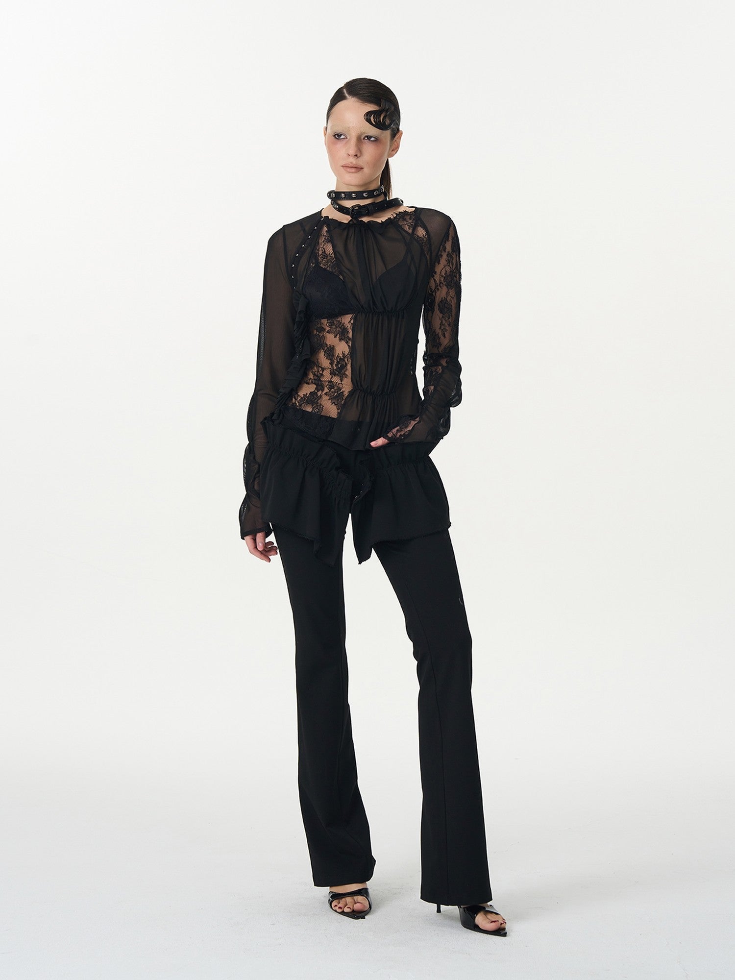 popoop Black Hook Closure Mesh Lace Ruched Stretch Women&