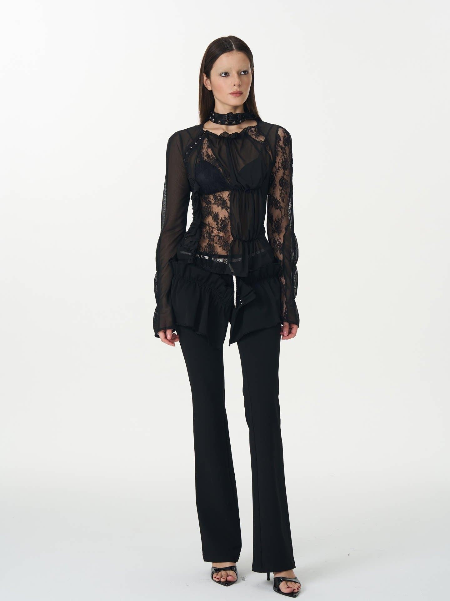 popoop Black Hook Closure Mesh Lace Ruched Stretch Women&