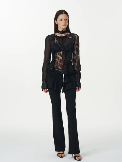 popoop Black Hook Closure Mesh Lace Ruched Stretch Women&