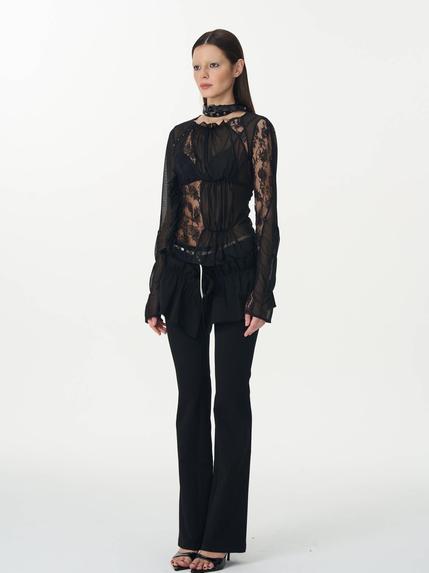 popoop Black Hook Closure Mesh Lace Ruched Stretch Women&