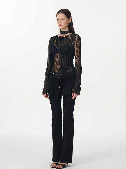 popoop Black Hook Closure Mesh Lace Ruched Stretch Women&