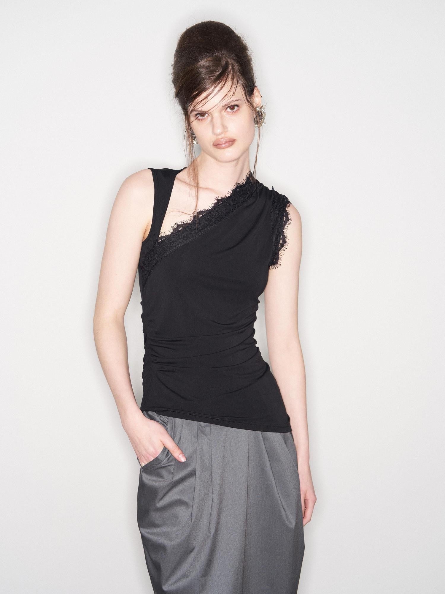 popoop Black Lace Ruched Asymmetrical Neckline Fitted Women&