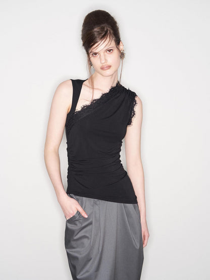 popoop Black Lace Ruched Asymmetrical Neckline Fitted Women&