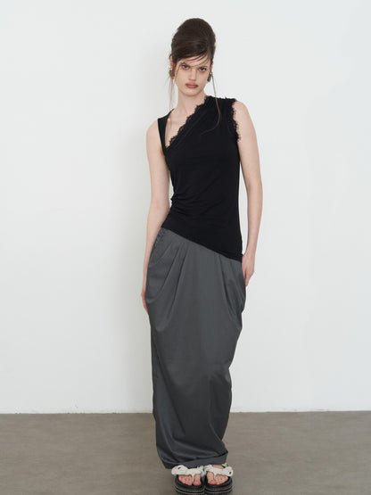 popoop Black Lace Ruched Asymmetrical Neckline Fitted Women&