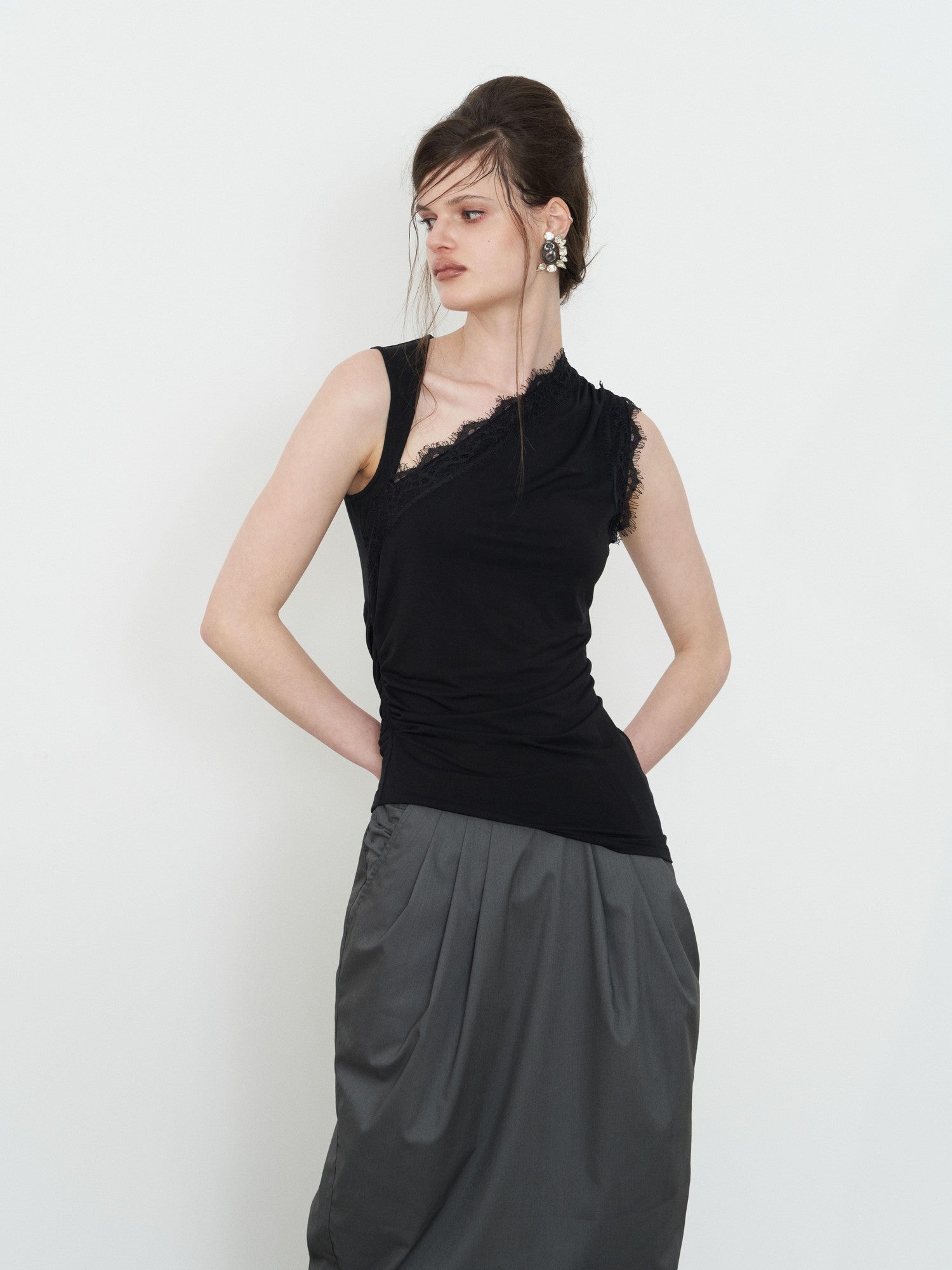 popoop Black Lace Ruched Asymmetrical Neckline Fitted Women&